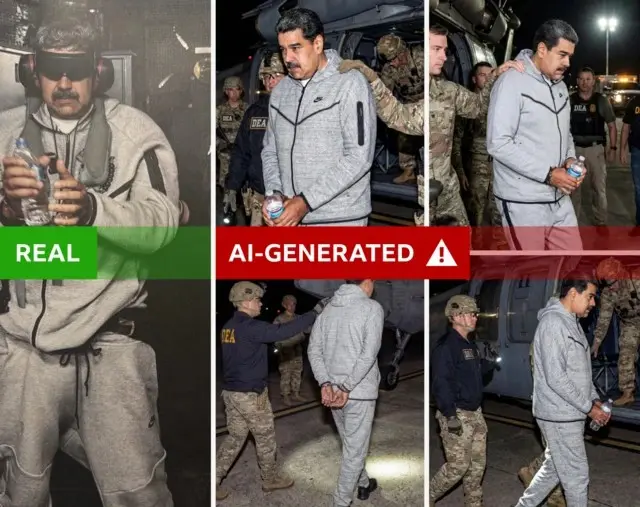 Five AI generated images purporting to show Maduro in a grey tracksuit. One of the left is marked 'real' the others 'AI generated'