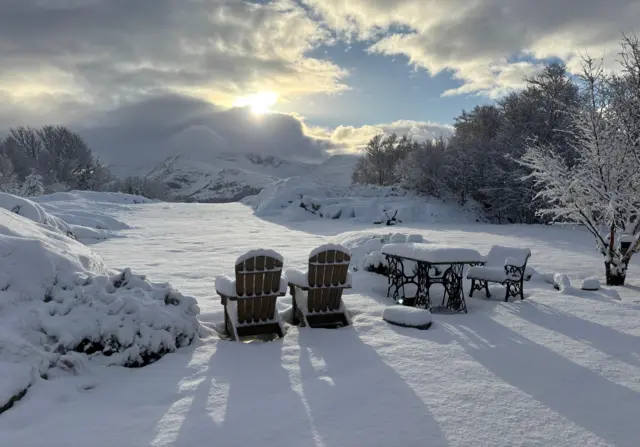 A thick layer of snow covering gardens in Fachwen, Gwynedd.