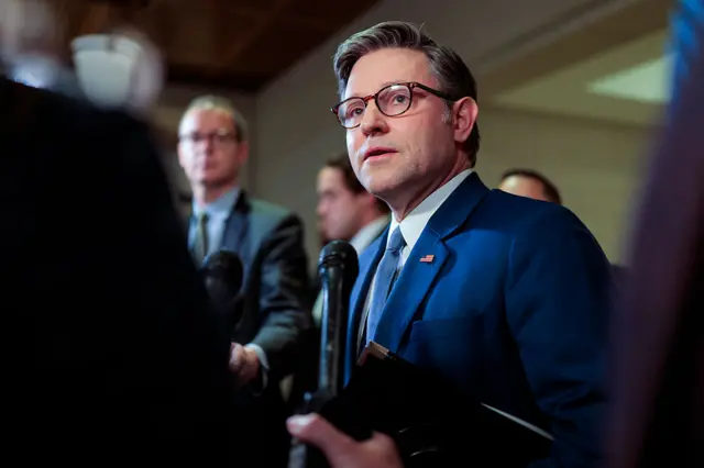 US Speaker of the House of Representatives Mike Johnson speaks to a gaggle of reporters on 5 January 2026