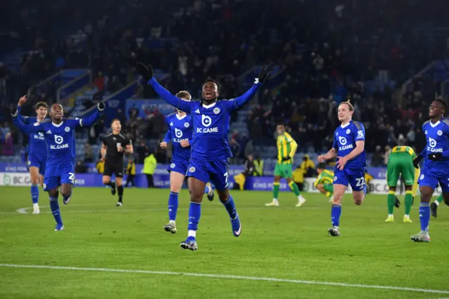 Abdul Fatawu celebrates scoring a 94th-minute winner against West Brom