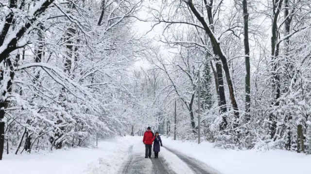 People walk in Zvezdara forest covered with snow, in Belgrade, Serbia