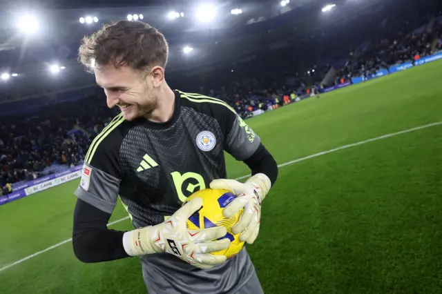 Leicester City's player of the match Jakub Stolarczyk looks happy after the match