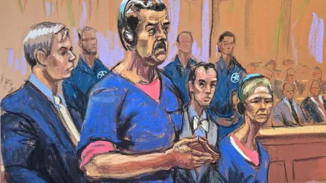 Court sketch of Nicolás Maduro and his wife Cilia Flores, wearing prison uniforms, standing in court alongside lawyers and officers