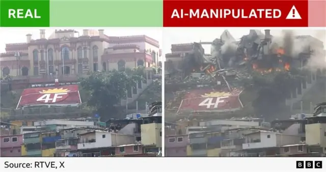 Comparison image of a real image of Chavez's tomb and a AI-manipulated image of the tom destroyed and on fire
