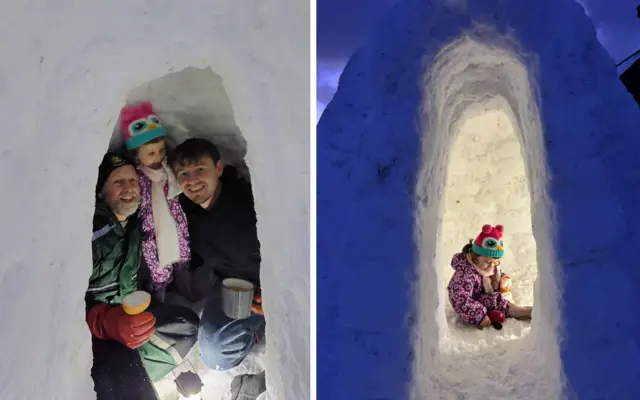 Two men and a little girl are wrapped up in warm outdoor clothing with a little girl, who is also wrapped up, in an igloo. A second picture shows the little girl illuminated by light in the igloo