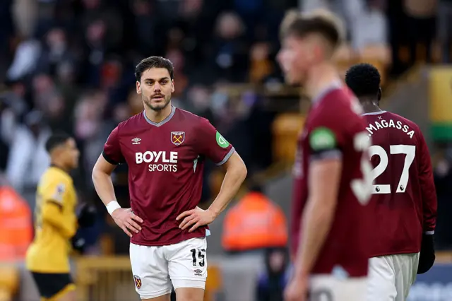 West Ham players react to the defeat at Wolves