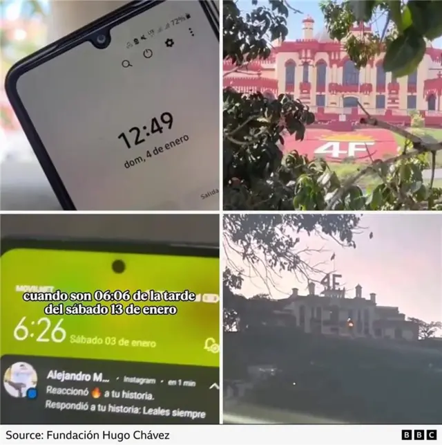 Graphic with 4 screengrabs from videos showing the date and time and Chavez's tomb intact