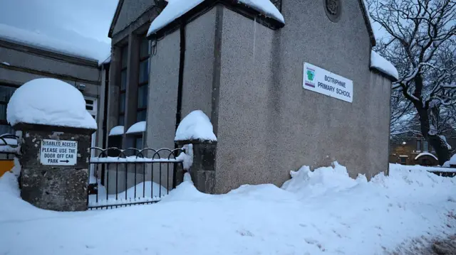 A snow-covered primary school in Scotland