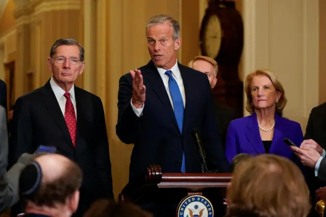 U.S. Senate Majority Leader John Thune (R-SD) speaks during a press conference following Republicans’ weekly policy lunch on Capitol Hill