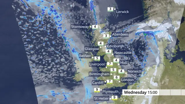 A map showing Wednesday's weather forecast, with temperatures ranging from 9C in the southeast to 3C in northern Scotland