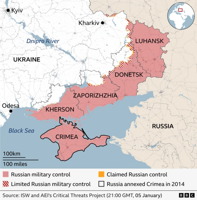Map showing which areas of east of Ukraine are under Russian military control or limited Russian control highlighting the regions of Luhansk, Donetsk, Zaporizhzhia, Kherson and Crimea