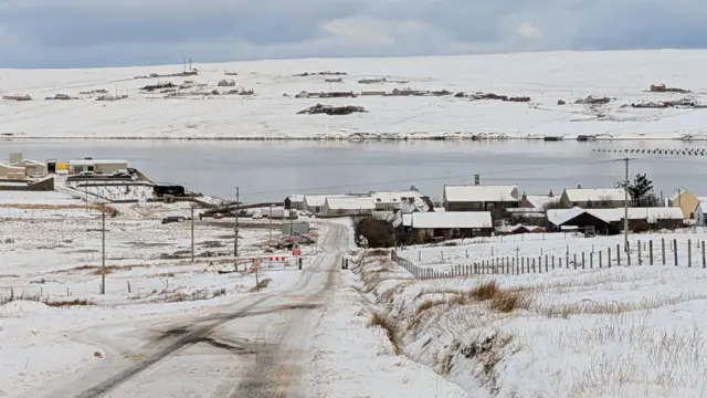 Snowy fields in Mid Yell in the Shetland Islands this morning