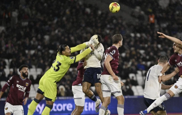 West Ham United's Alphonse Areola fouls Nottingham Forest's Morgan Gibbs-White resulting in a penalty kick