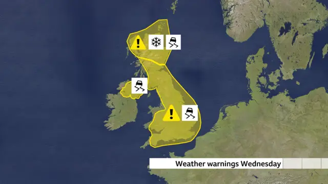 Map showing yellow weather warnings across the UK