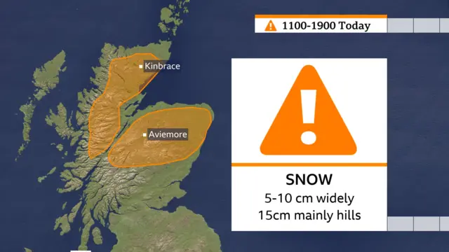 BBC map showing the new amber warning for snow covering parts of northern Scotland