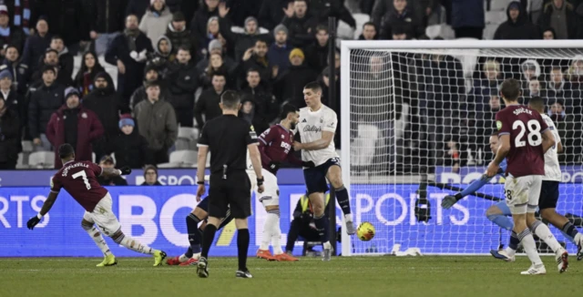 West Ham United's Crysencio Summerville scores their second goal later disallowed after a VAR review