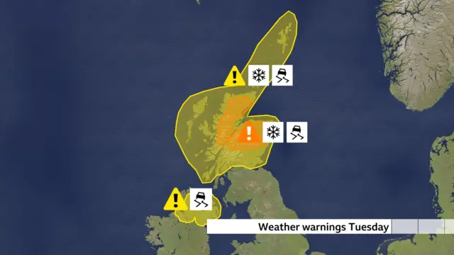 Map showuing yellow weather warning in Northern Scotland and Northern Ireland