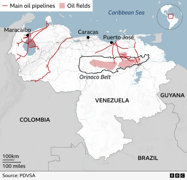 Map of Venezuela showing major oil infrastructure. Red shaded areas indicate oil fields, concentrated around Lake Maracaibo in the northwest and the Orinoco Belt in the east-central region. Red lines represent main oil pipelines connecting these fields to ports and other facilities. Key locations labeled include Maracaibo, Caracas, and Puerto José. Neighbouring countries Colombia, Brazil, and Guyana are shown in grey, and the Caribbean Sea is labelled along the northern coast. A small inset map at the top right shows Venezuela’s position at the north of South America.