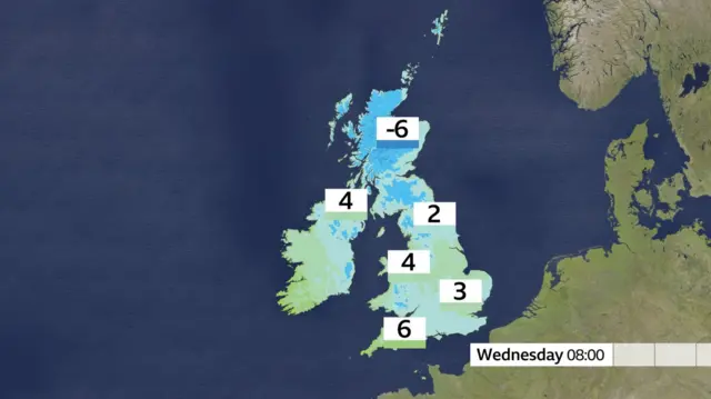 Map showing temperatures across the UK. Scotland, at -6 Celsius is the coldest. The southwest of England is the warmest at 6 degrees Celsius.