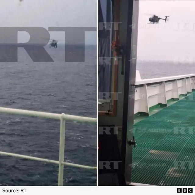A graphic with two pictures of a helicopter near a ship