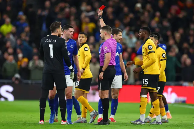 Michael Keane of Everton is shown the red card