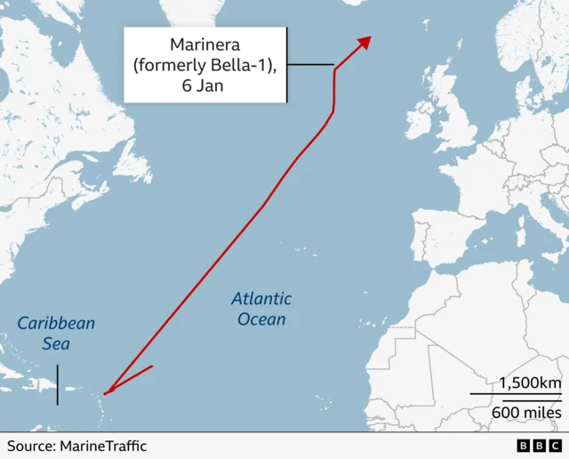 Map of the path of the Marinera (formerly Bella-1) from the Caribbean sea to the North atlantic. The most recent location is several hundred miles to the north-west of the UK