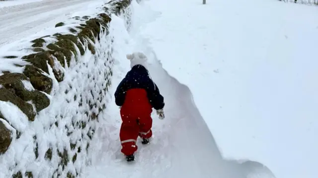 A small child walks through snow beside a wall and next to a road.
