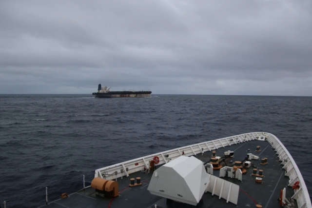 An image from a vessel of what appears to be the tanker at sea