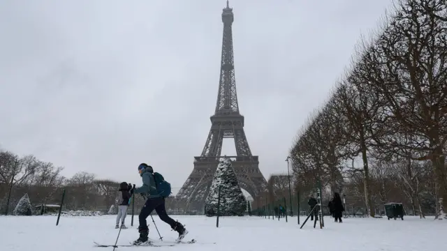 Someone skiing on snowy ground in front of the Eiffel tower in Paris