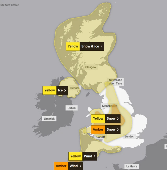 Map showing parts of UK covered by Met Office weather warnings