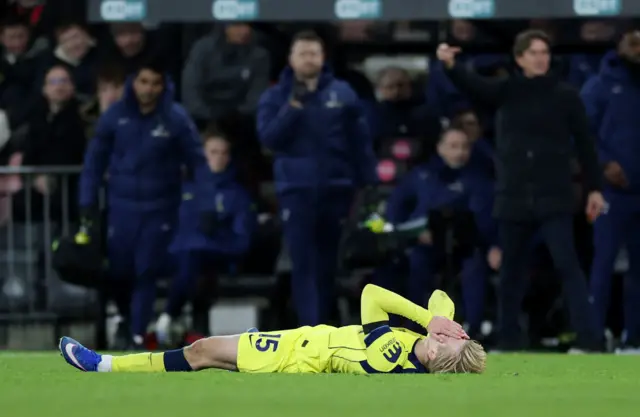 Tottenham Hotspur's Lucas Bergvall reacts