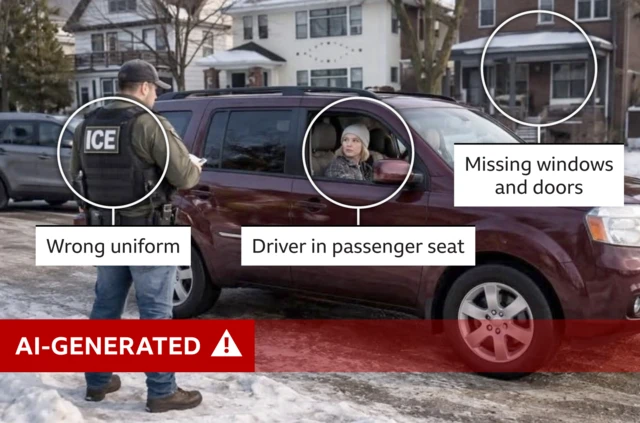 Fake AI image of a woman driving in the passenger seat of a car, looking outside the side window as a man wearing a bulletproof vest labelled ICE speaks to her