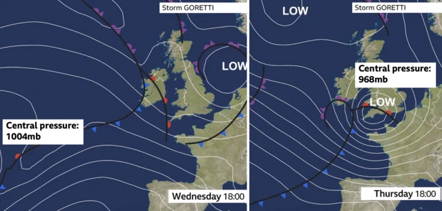 A graphic showing the UK on Wednesday and Thursday, with pressure moving over the country