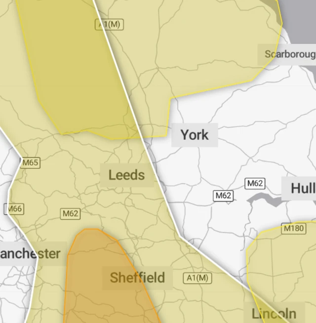 Weather map showing weather warnings across Yorkshire
