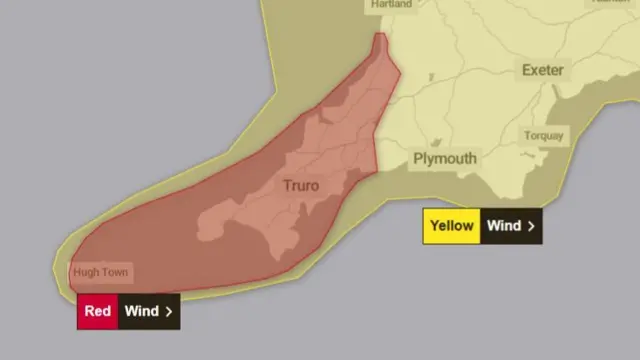 Weather warning map showing red warning over south-west cornwall