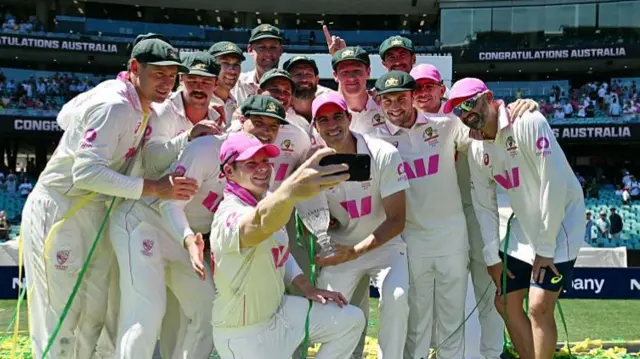 Steve Smith takes a selfie with his Australia team-mates