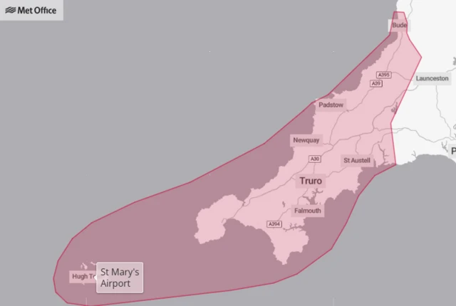 A Met Office map of south west England covered in red to indicate the areas covered by a red weather warning