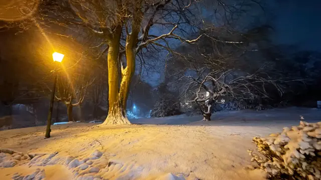A snowy scene in Buxton. A lamppost illuminates the image from the left hand side, there is a bank of snow with several trees in it