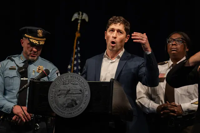Minneapolis Mayor Jacob Frey speaks at a news conference following a shooting in