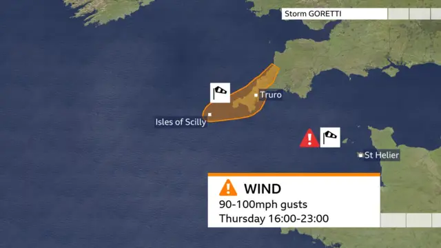 A map of southern England, yellow warning at Isle of Scilly and Truto - red winds level at Channel Islands