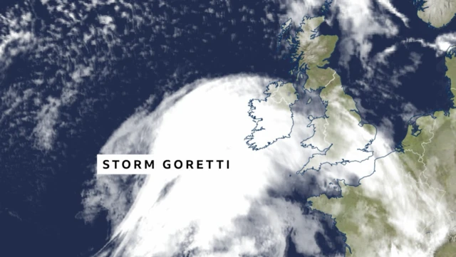 A mock-up image of a satellite shot of the UK with white gusts representing Storm Goretti approaching from the south-west and already covering parts of southern England, Wales and northern Ireland
