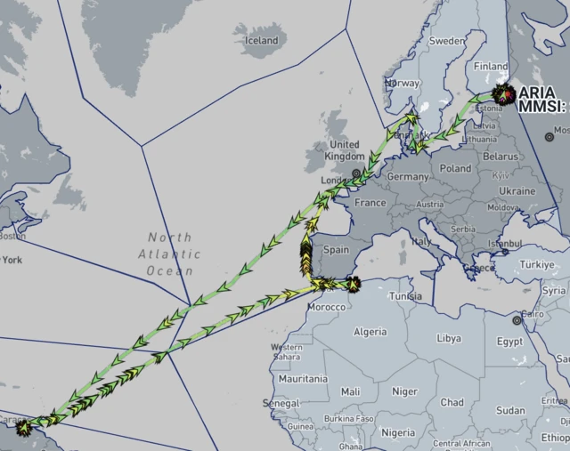 A map of the reported position of the ARIA, showing it travelling from Russia to Venezuela, then to Algeria and on to the English Channel