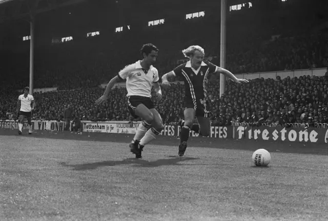 Tottenham Hotspur Football Club's Osvaldo Ardiles (also known as Ossie Ardiles) left, chasing Coventry City FC's Terry Yorath during a match at White Hart Lane stadium, London, September 30th 1978.