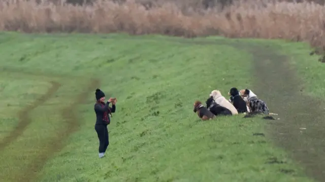 A woman takes a picture of dogs in Camridgeshire. The UK is braced for heavy snowfall and strong winds from Storm Goretti with amber weather warnings issued across the country. Picture date: Thursday January 8, 2026