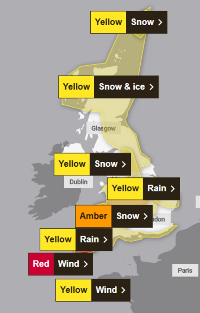 A map with yellow, amber and red labels showing where in the country have been issued with weather warnings