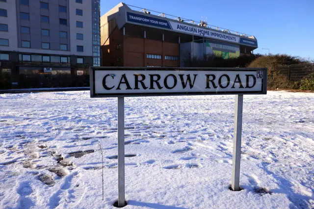 The outside of Carrow Road with snow around it