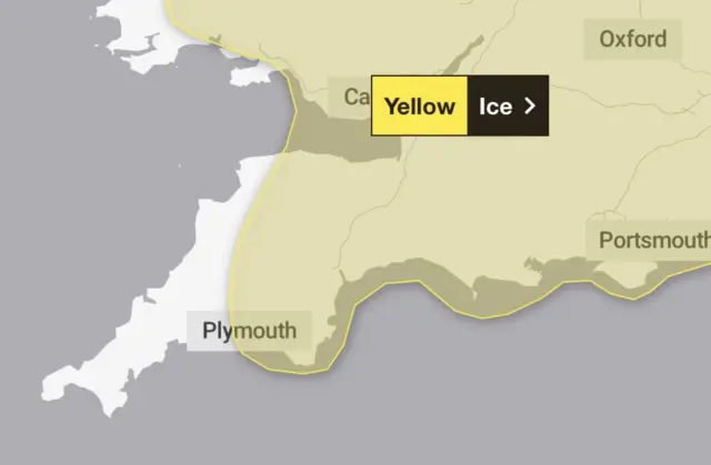 A picture of the yellow weather warning for ice which has been brought in for Devon and parts of Cornwall