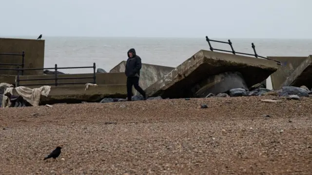 Sea defences are uprooted and destroyed on Mermaid Beach following Storm Goretti hitting the UK in Folkestone