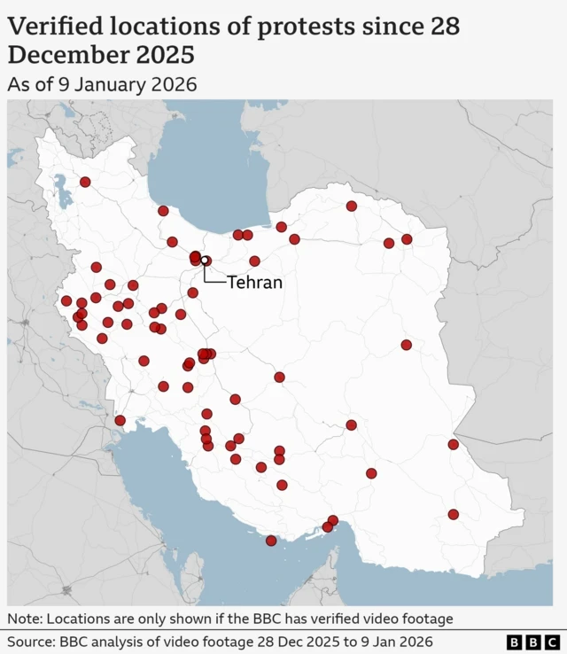 Map of verified locations in Iran that have seen one or more protests since 28 December 2025