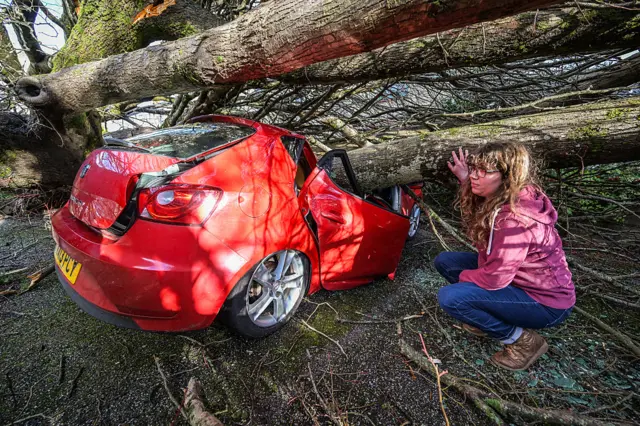 Woman wearing a pink hoodie crouches next to her red car crushed by a fallen tree